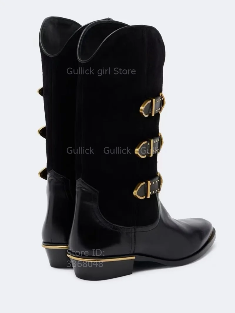 Gold Metal Buckle Western Middle Heel Boots Chunky Heel Slip On Buckle Strap New Arrivals 2026 Winter Autumn Handmade Shoes