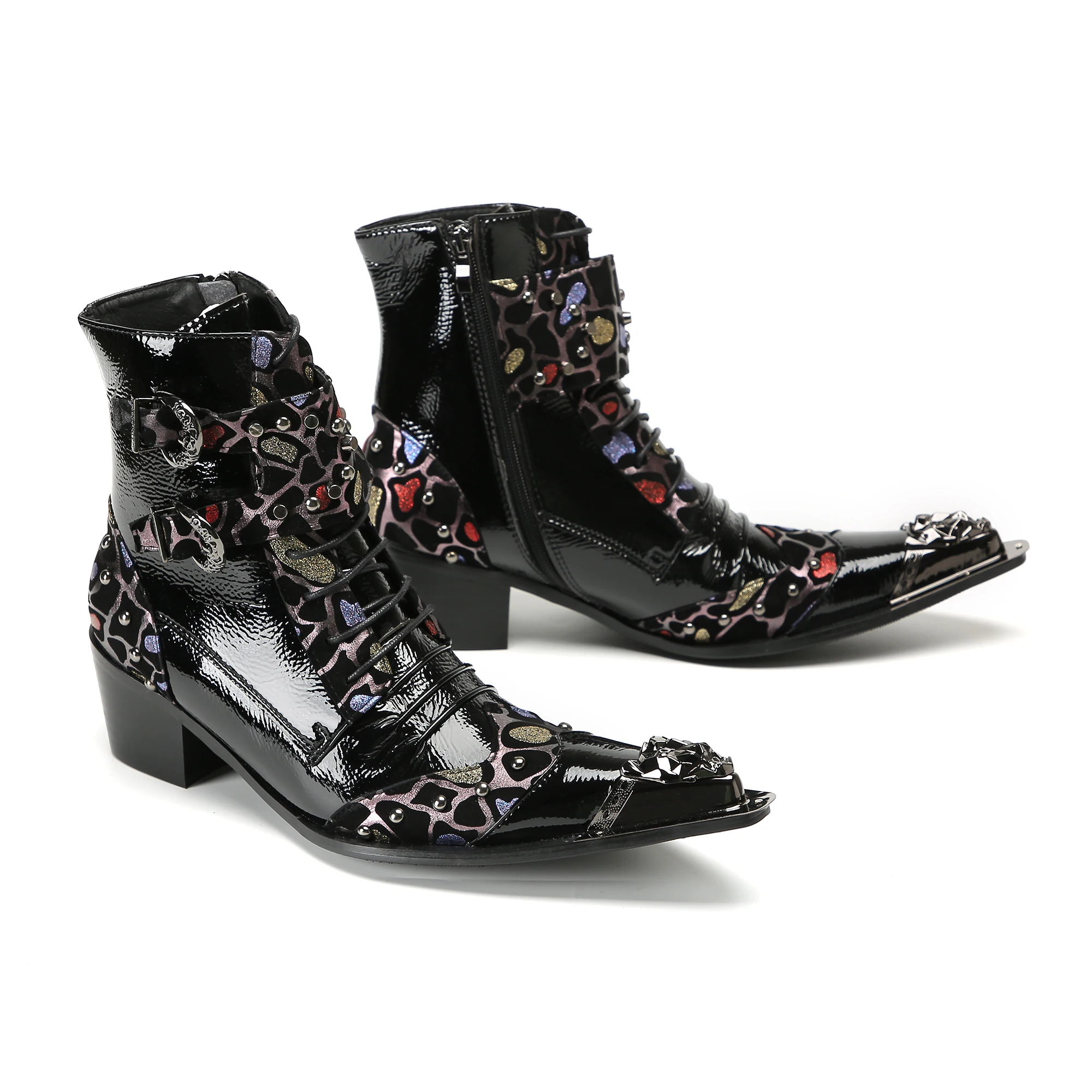 British Punk Style Men Short Ankle Boots High Heels Rivets Pointed Toe Dress Shoes Shiny Leather Mixed Color Zapatos Para Hombre