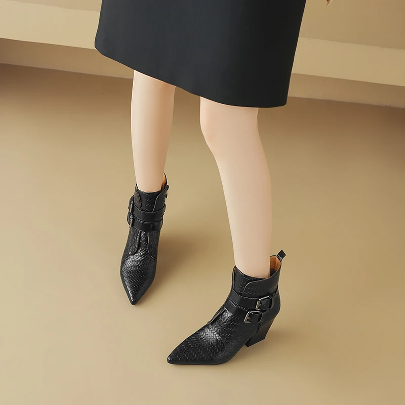 2026 New Trend Spring Autumn Genuine Leather Women Chunky Heeled Boots Black Brown Buckle Side Zipper Pointed Toe Ankle Boots