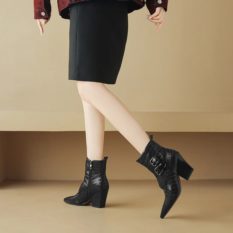 2026 New Trend Spring Autumn Genuine Leather Women Chunky Heeled Boots Black Brown Buckle Side Zipper Pointed Toe Ankle Boots
