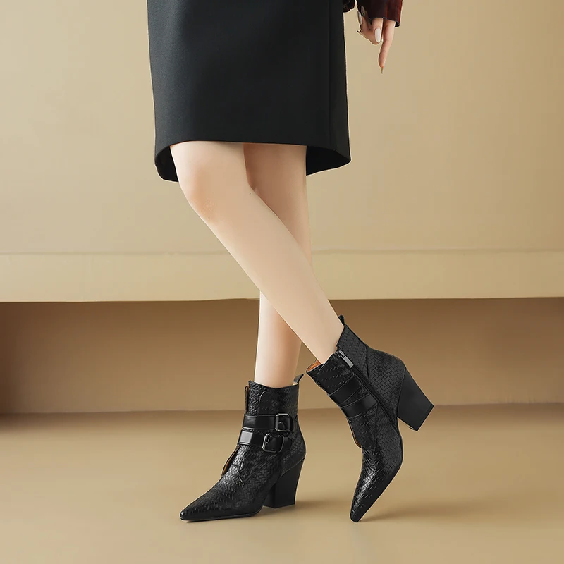 2026 New Trend Spring Autumn Genuine Leather Women Chunky Heeled Boots Black Brown Buckle Side Zipper Pointed Toe Ankle Boots