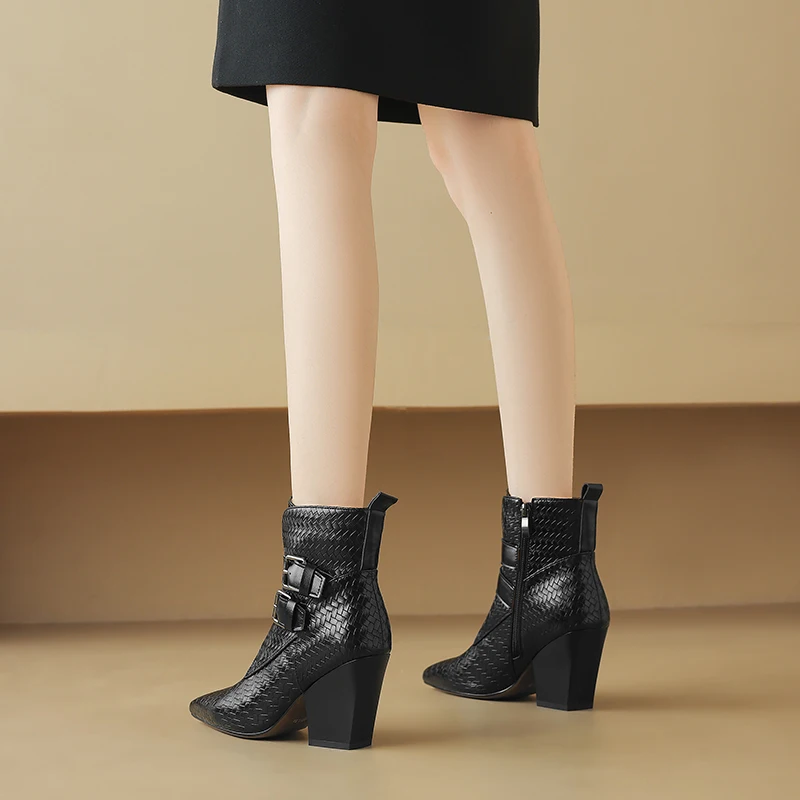 2026 New Trend Spring Autumn Genuine Leather Women Chunky Heeled Boots Black Brown Buckle Side Zipper Pointed Toe Ankle Boots