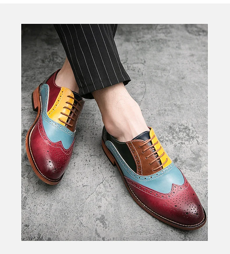 Men Business Dress shoe Colorful  Lace up Fashion Man Casual Leather Oxfords shoes Flat Leisure Wedding Party shoe Men Big Size