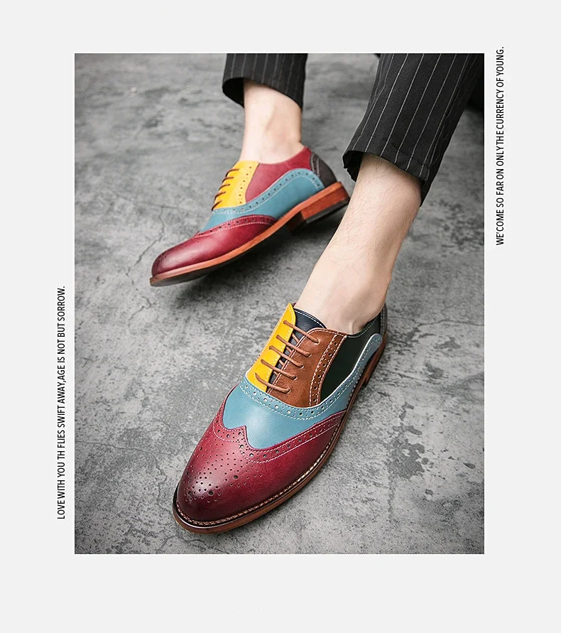 Men Business Dress shoe Colorful  Lace up Fashion Man Casual Leather Oxfords shoes Flat Leisure Wedding Party shoe Men Big Size