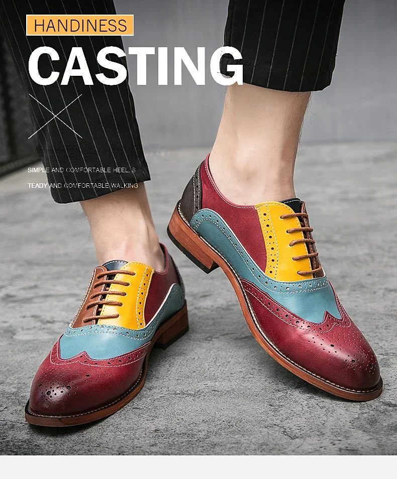 Men Business Dress shoe Colorful  Lace up Fashion Man Casual Leather Oxfords shoes Flat Leisure Wedding Party shoe Men Big Size