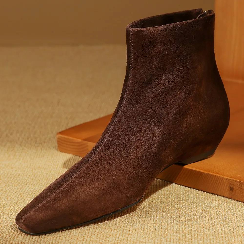 Plus size 34-42 women's natural suede leather back zip autumn flats ankle boots square toe casual female high quality short boot