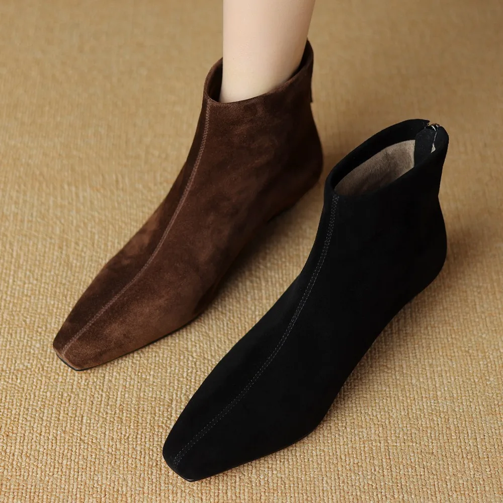 Plus size 34-42 women's natural suede leather back zip autumn flats ankle boots square toe casual female high quality short boot