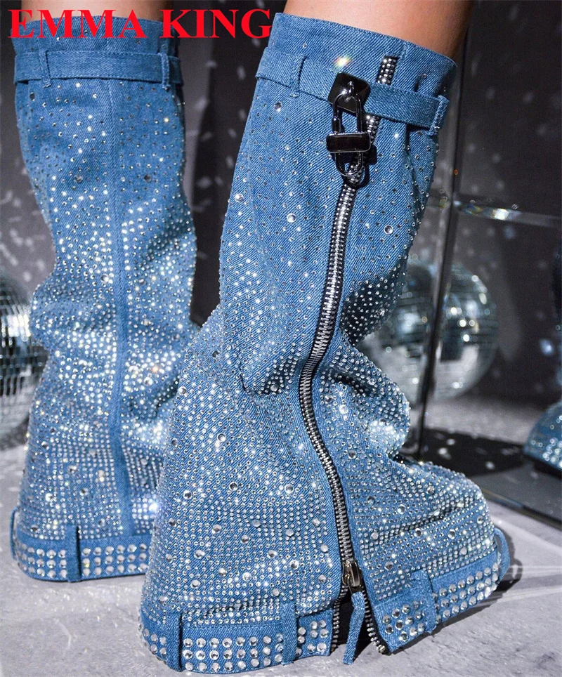 Luxury Designer Lock Crystal Thick Sole Mid Calf Boots Woman Platform Round Toe Long Womens Boots Winter Side Zipper Party Shoes