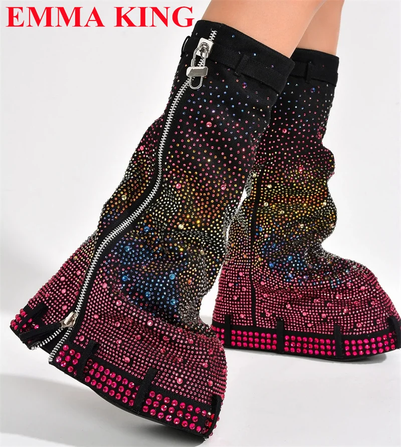 Luxury Designer Lock Crystal Thick Sole Mid Calf Boots Woman Platform Round Toe Long Womens Boots Winter Side Zipper Party Shoes