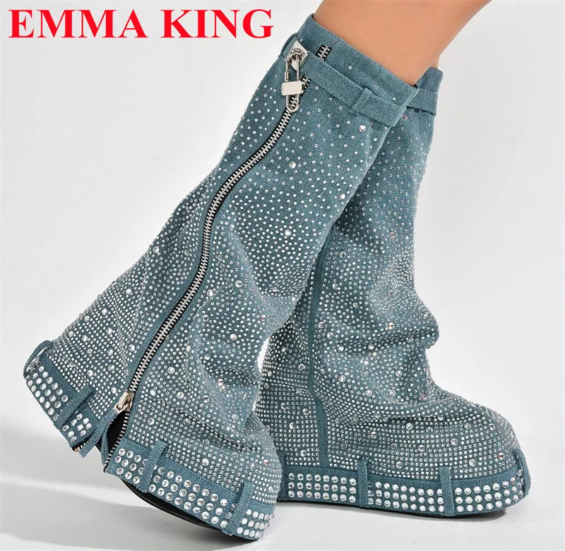 Luxury Designer Lock Crystal Thick Sole Mid Calf Boots Woman Platform Round Toe Long Womens Boots Winter Side Zipper Party Shoes