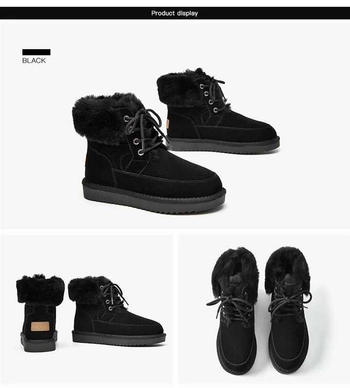 BeauToday Snow Boots Women Cow Suede Leather Lace Up Ankle Boots Warm Wool Ladies Winter Fur Shoes Handmade 08204