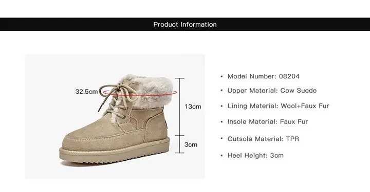 BeauToday Snow Boots Women Cow Suede Leather Lace Up Ankle Boots Warm Wool Ladies Winter Fur Shoes Handmade 08204
