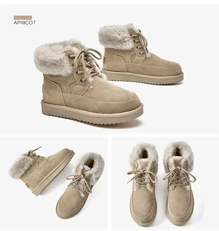 BeauToday Snow Boots Women Cow Suede Leather Lace Up Ankle Boots Warm Wool Ladies Winter Fur Shoes Handmade 08204