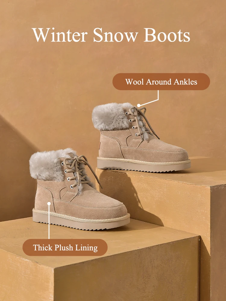 BeauToday Snow Boots Women Cow Suede Leather Lace Up Ankle Boots Warm Wool Ladies Winter Fur Shoes Handmade 08204