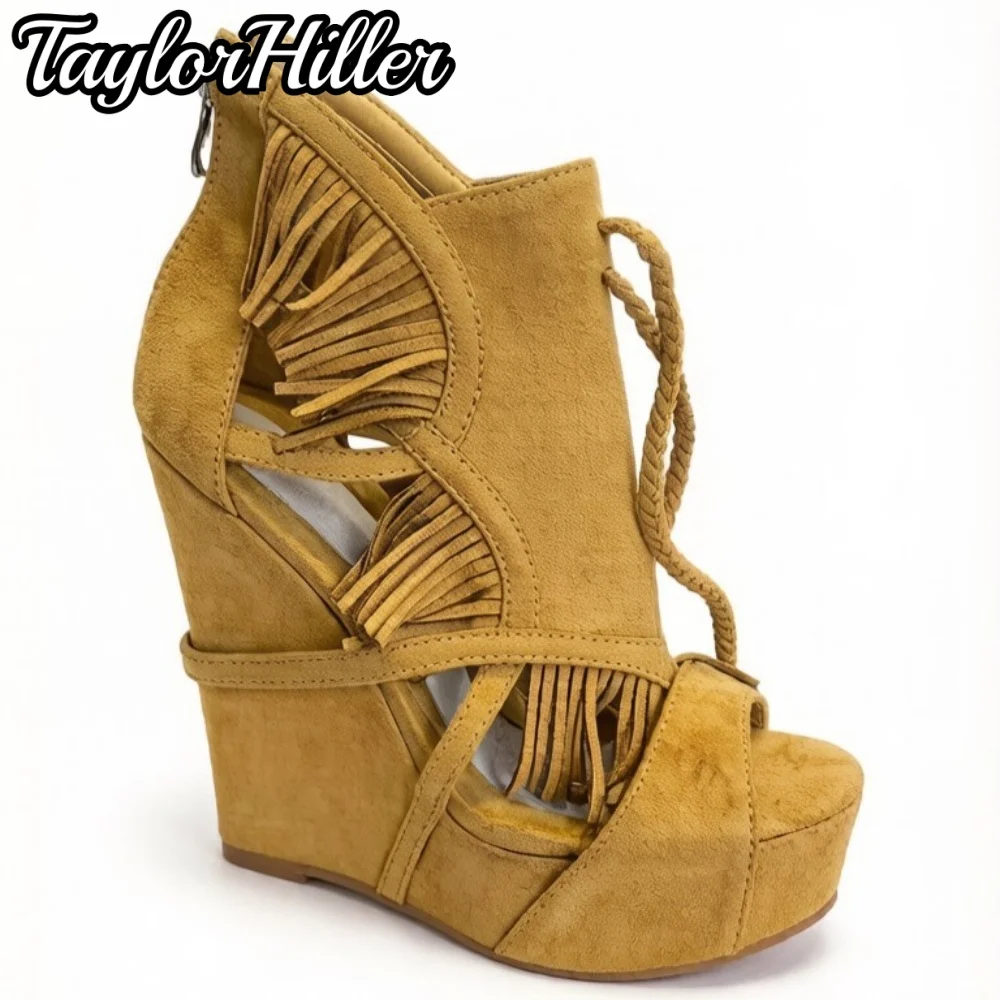 TaylorHiller Boho Women Tassel Fringe Wedge Sandals Peep Toe Platform High Heels Sandal Suede Lace‑Up Zip Summer Evening Shoes