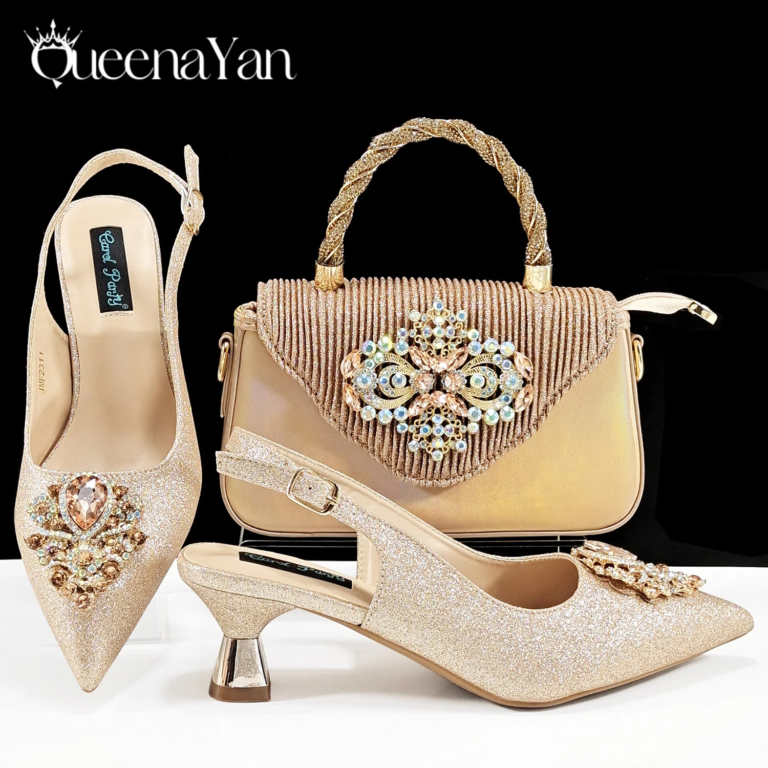 QSGFC Hot Selling INS Pointed-Toe Luxury Style Women High Heels Sandal With Bag Set Orange Color for Wedding Party