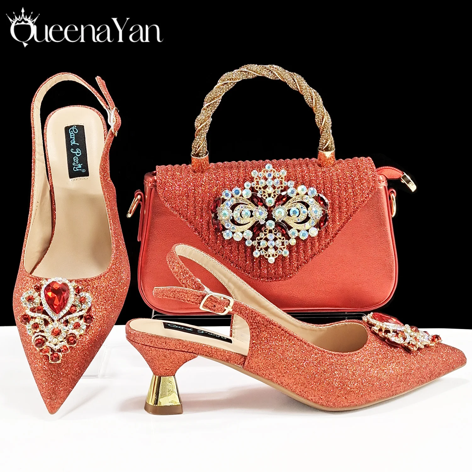 QSGFC Hot Selling INS Pointed-Toe Luxury Style Women High Heels Sandal With Bag Set Orange Color for Wedding Party