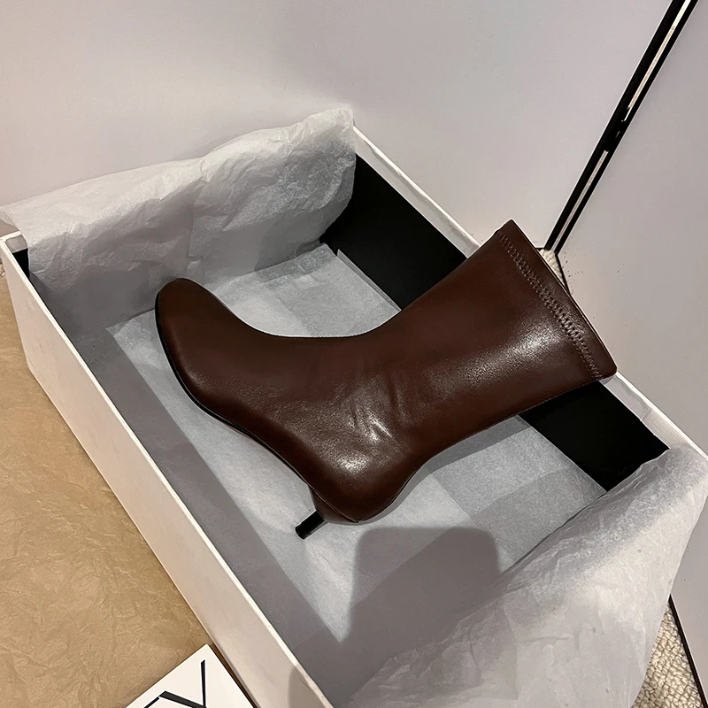Arden Furtado Autumn Women's Sheepskin Knee High Boots Round Toe Side Zipper Thin Heels Middle Heel Sexy Modern Boots