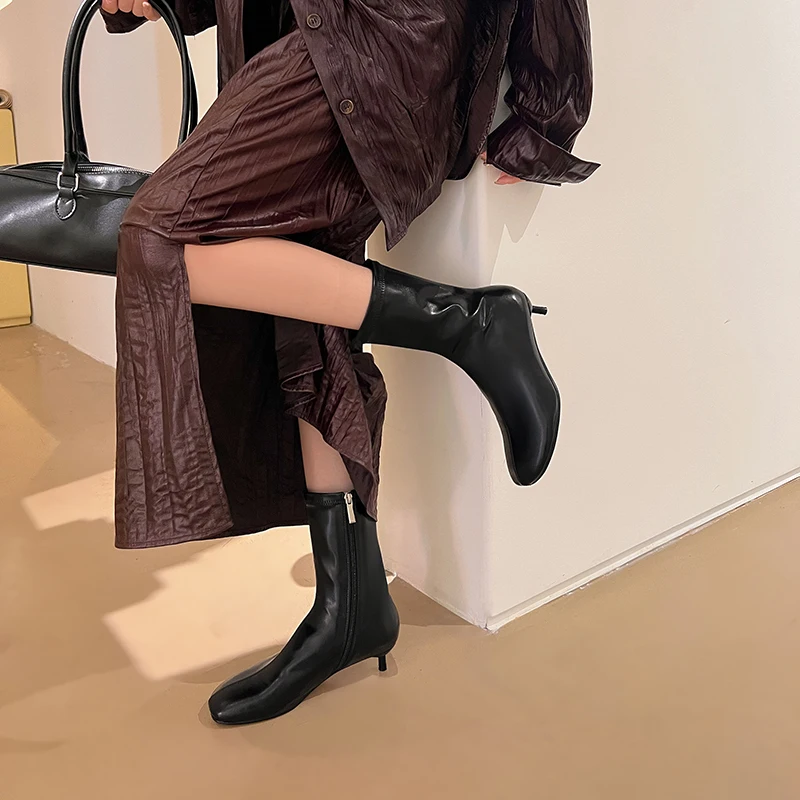 Arden Furtado Autumn Women's Sheepskin Knee High Boots Round Toe Side Zipper Thin Heels Middle Heel Sexy Modern Boots