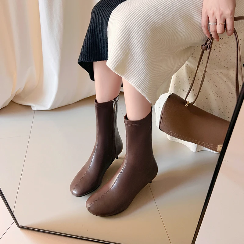 Arden Furtado Autumn Women's Sheepskin Knee High Boots Round Toe Side Zipper Thin Heels Middle Heel Sexy Modern Boots