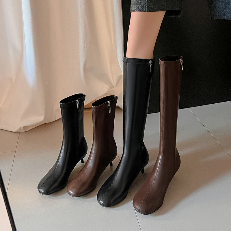 Arden Furtado Autumn Women's Sheepskin Knee High Boots Round Toe Side Zipper Thin Heels Middle Heel Sexy Modern Boots