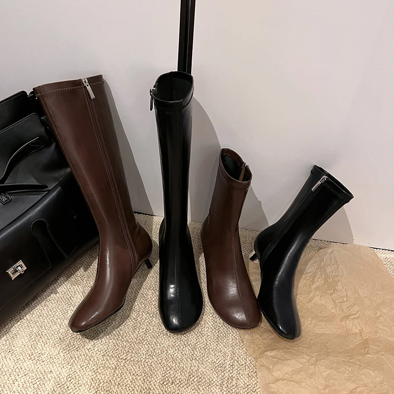 Arden Furtado Autumn Women's Sheepskin Knee High Boots Round Toe Side Zipper Thin Heels Middle Heel Sexy Modern Boots
