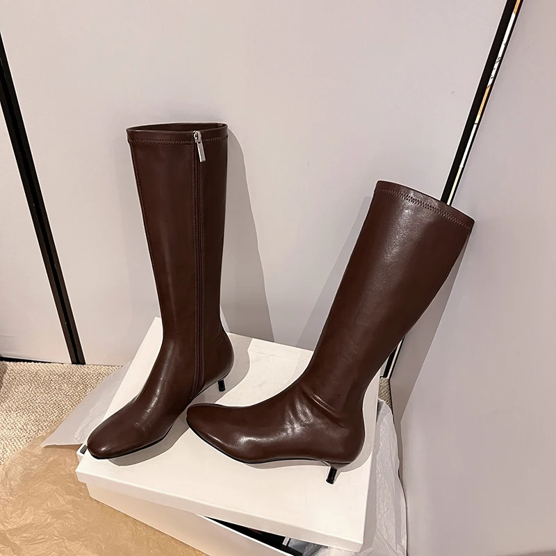 Arden Furtado Autumn Women's Sheepskin Knee High Boots Round Toe Side Zipper Thin Heels Middle Heel Sexy Modern Boots