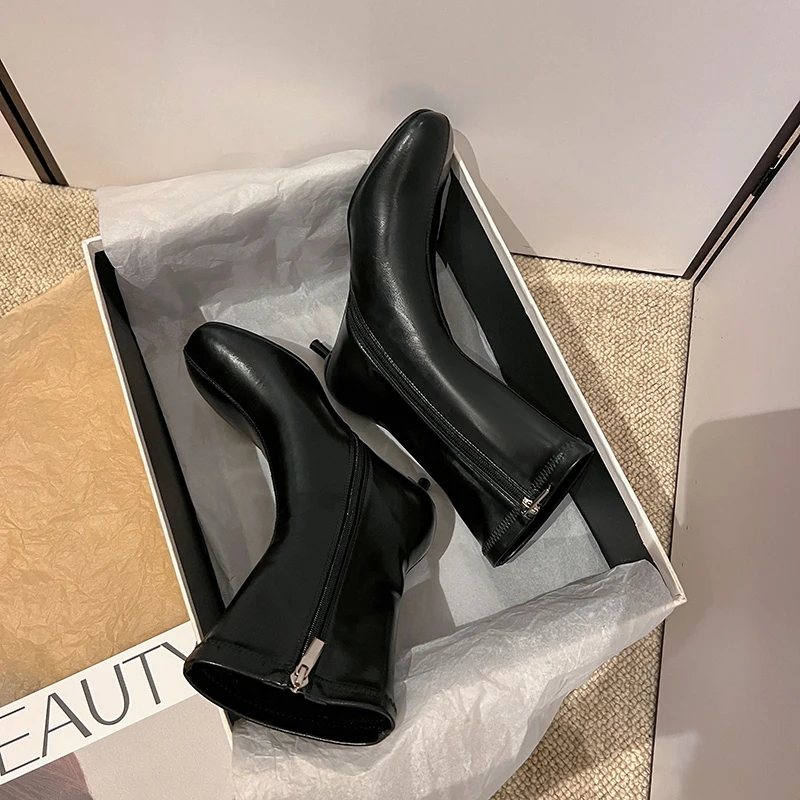 Arden Furtado Autumn Women's Sheepskin Knee High Boots Round Toe Side Zipper Thin Heels Middle Heel Sexy Modern Boots