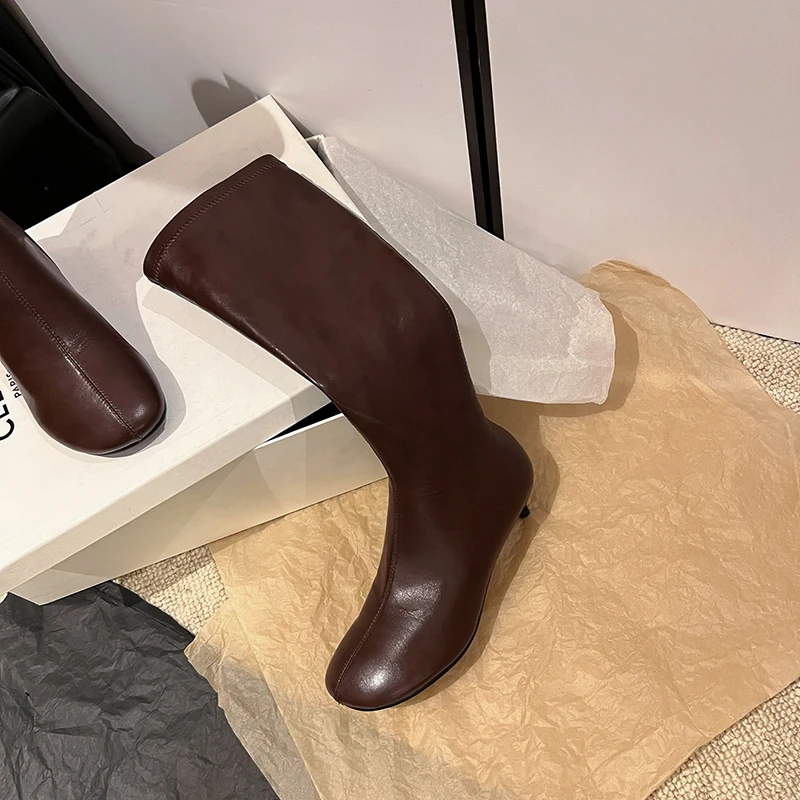 Arden Furtado Autumn Women's Sheepskin Knee High Boots Round Toe Side Zipper Thin Heels Middle Heel Sexy Modern Boots