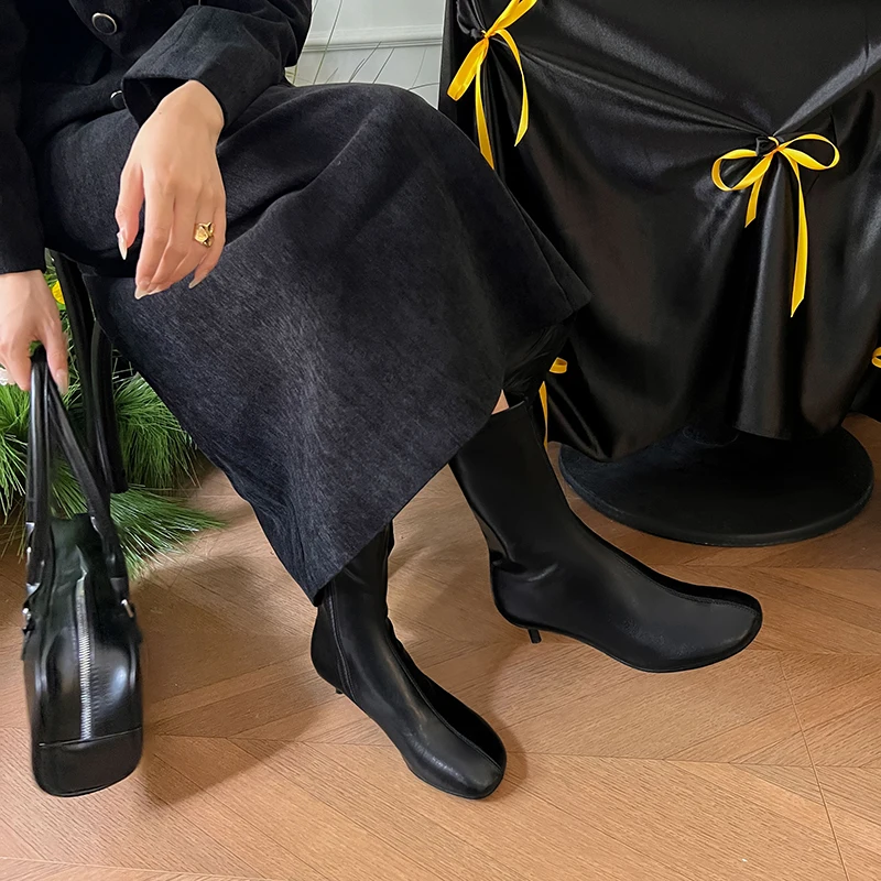 Arden Furtado Autumn Women's Sheepskin Knee High Boots Round Toe Side Zipper Thin Heels Middle Heel Sexy Modern Boots