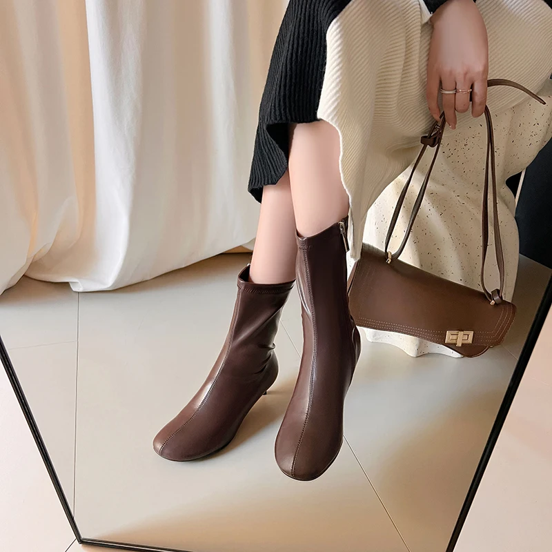 Arden Furtado Autumn Women's Sheepskin Knee High Boots Round Toe Side Zipper Thin Heels Middle Heel Sexy Modern Boots