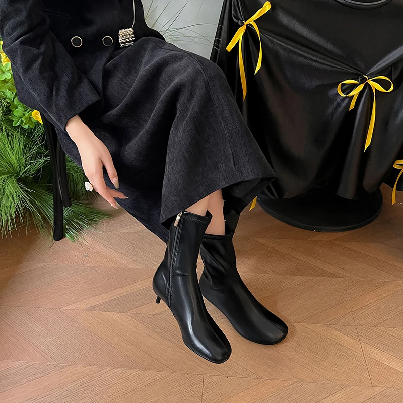 Arden Furtado Autumn Women's Sheepskin Knee High Boots Round Toe Side Zipper Thin Heels Middle Heel Sexy Modern Boots