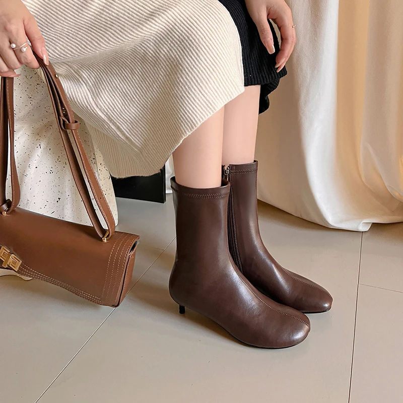 Arden Furtado Autumn Women's Sheepskin Knee High Boots Round Toe Side Zipper Thin Heels Middle Heel Sexy Modern Boots