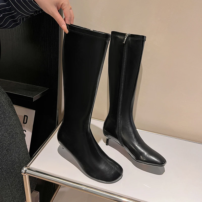 Arden Furtado Autumn Women's Sheepskin Knee High Boots Round Toe Side Zipper Thin Heels Middle Heel Sexy Modern Boots