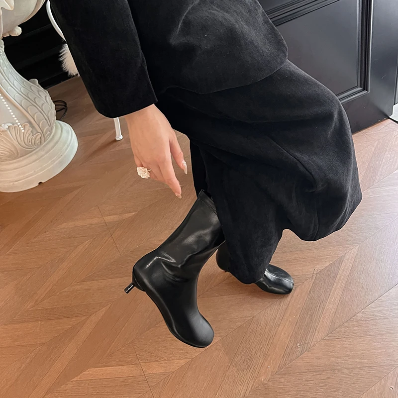 Arden Furtado Autumn Women's Sheepskin Knee High Boots Round Toe Side Zipper Thin Heels Middle Heel Sexy Modern Boots