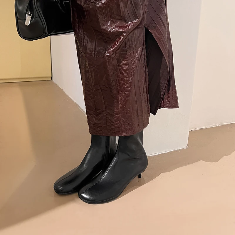 Arden Furtado Autumn Women's Sheepskin Knee High Boots Round Toe Side Zipper Thin Heels Middle Heel Sexy Modern Boots