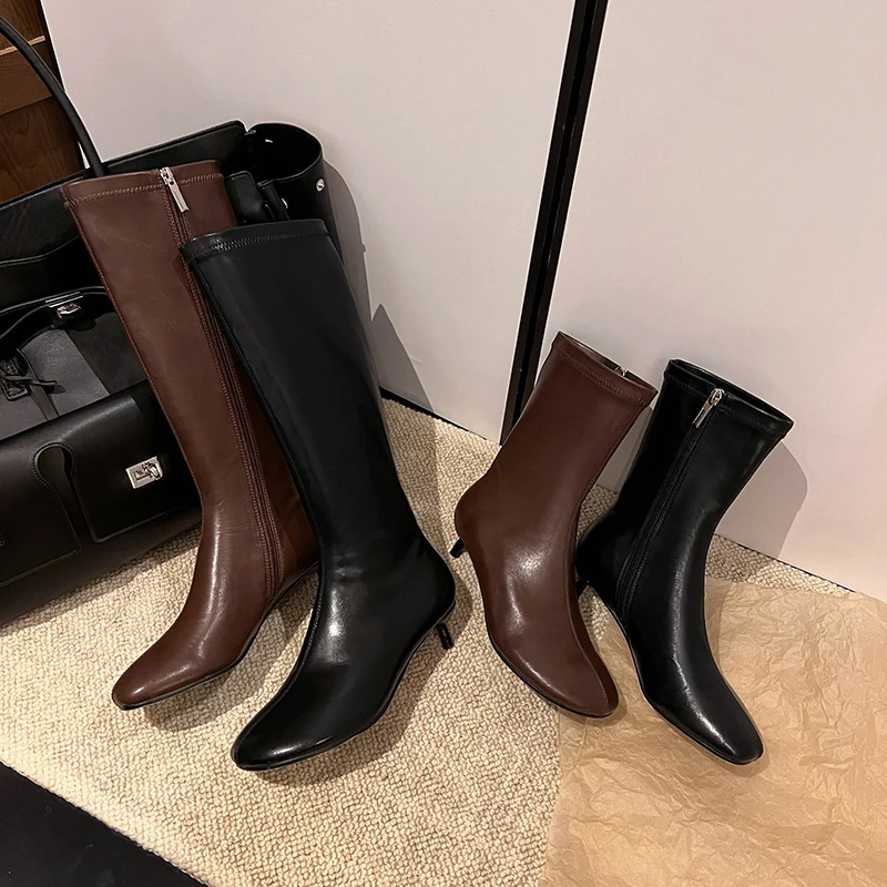 Arden Furtado Autumn Women's Sheepskin Knee High Boots Round Toe Side Zipper Thin Heels Middle Heel Sexy Modern Boots