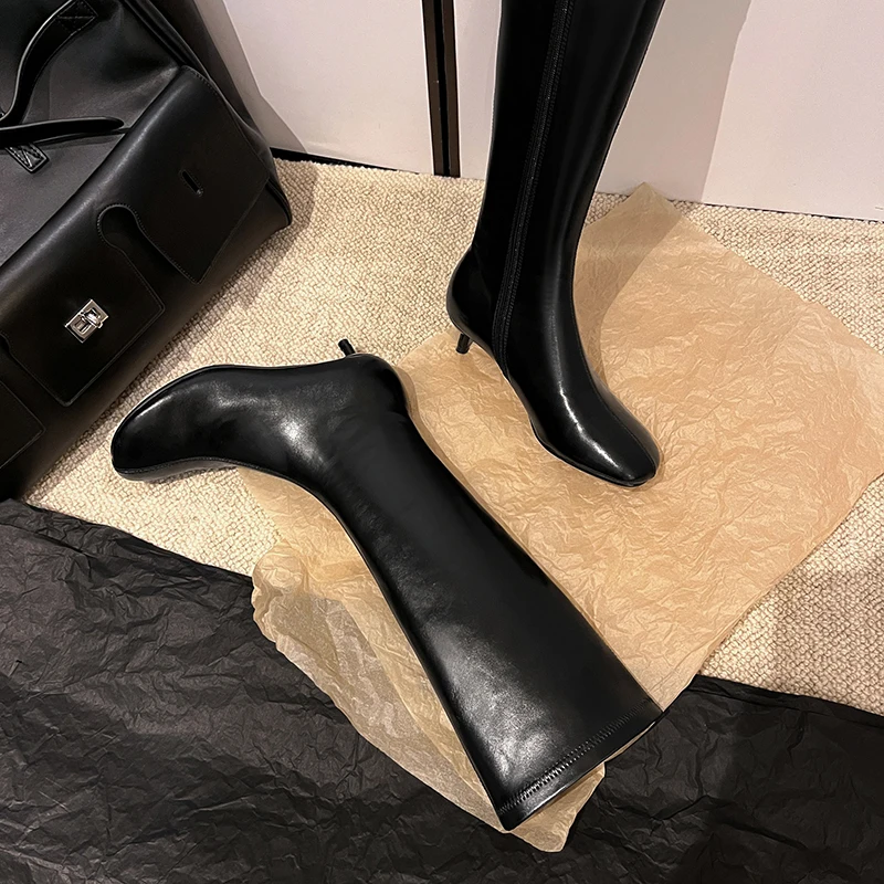 Arden Furtado Autumn Women's Sheepskin Knee High Boots Round Toe Side Zipper Thin Heels Middle Heel Sexy Modern Boots