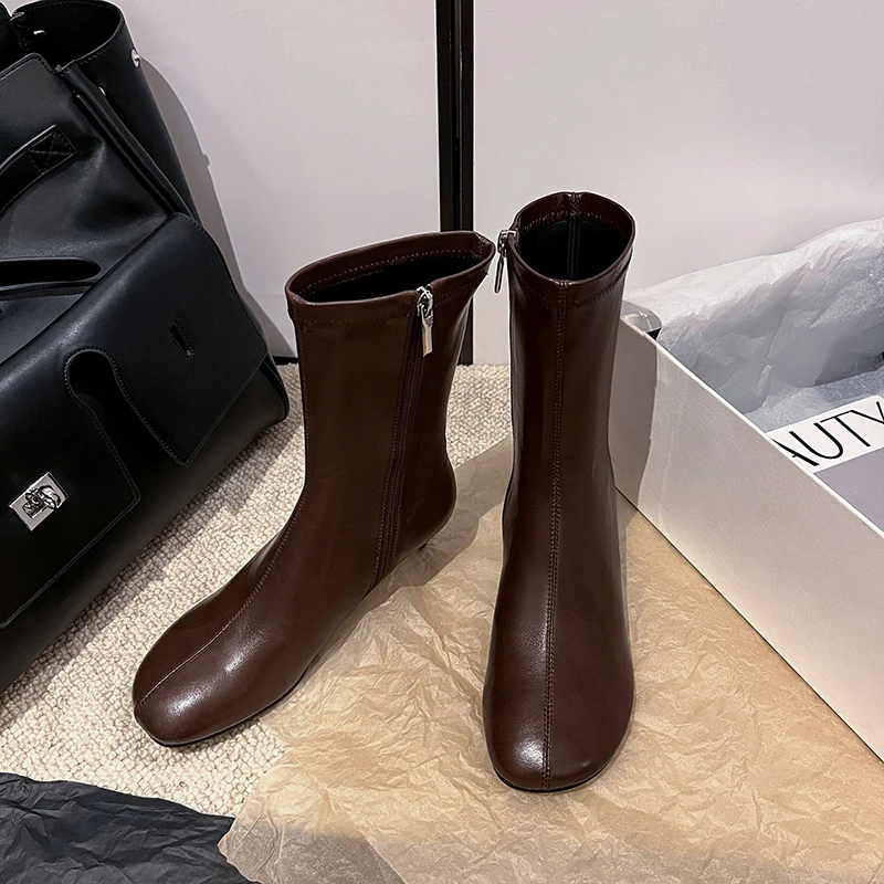 Arden Furtado Autumn Women's Sheepskin Knee High Boots Round Toe Side Zipper Thin Heels Middle Heel Sexy Modern Boots