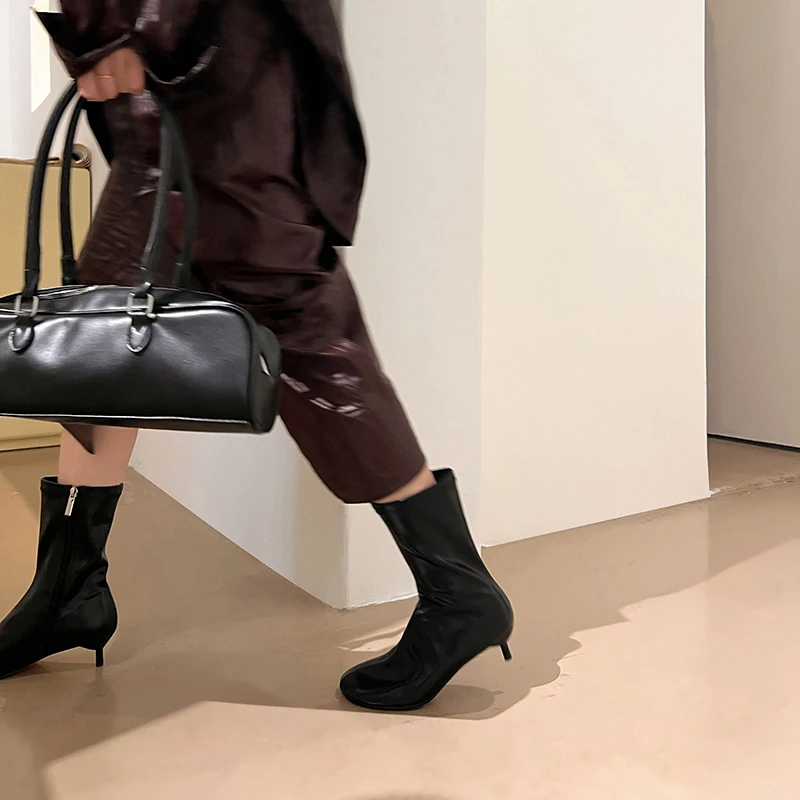 Arden Furtado Autumn Women's Sheepskin Knee High Boots Round Toe Side Zipper Thin Heels Middle Heel Sexy Modern Boots