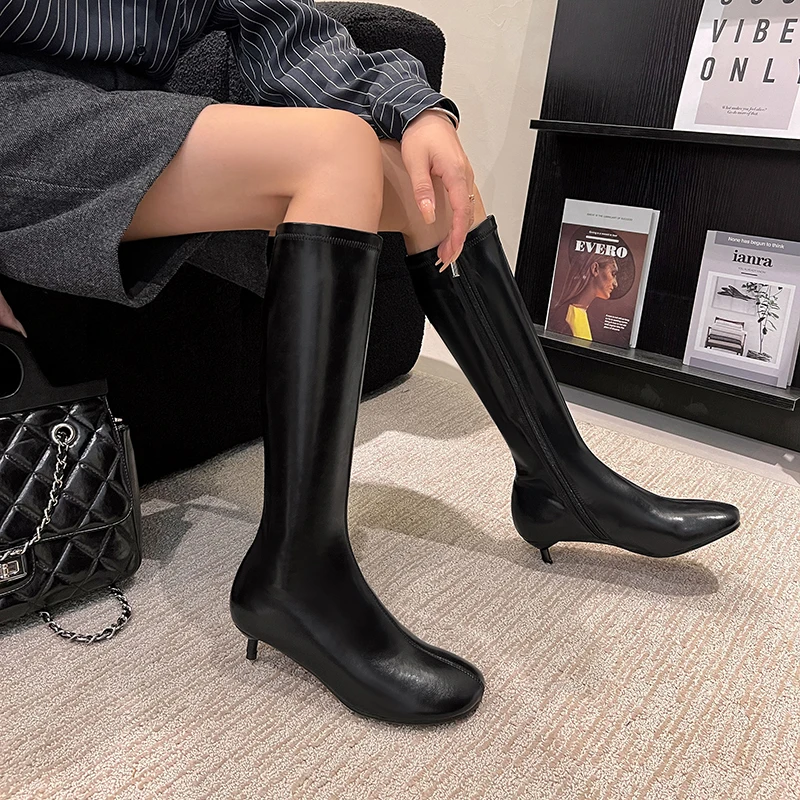 Arden Furtado Autumn Women's Sheepskin Knee High Boots Round Toe Side Zipper Thin Heels Middle Heel Sexy Modern Boots