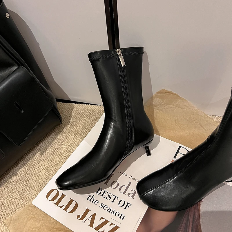 Arden Furtado Autumn Women's Sheepskin Knee High Boots Round Toe Side Zipper Thin Heels Middle Heel Sexy Modern Boots