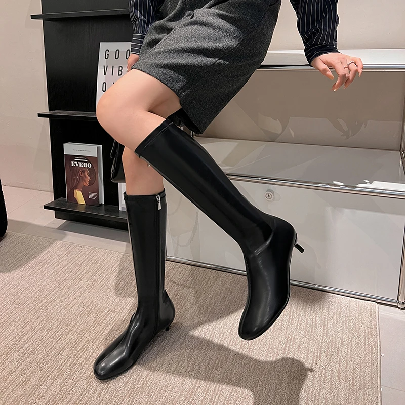 Arden Furtado Autumn Women's Sheepskin Knee High Boots Round Toe Side Zipper Thin Heels Middle Heel Sexy Modern Boots