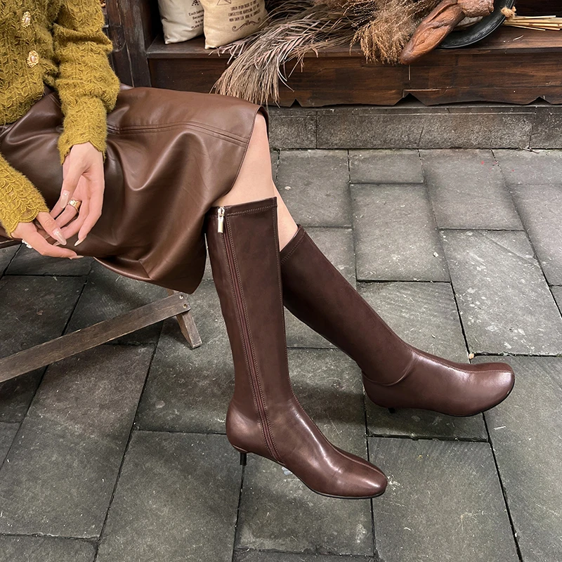 Arden Furtado Autumn Women's Sheepskin Knee High Boots Round Toe Side Zipper Thin Heels Middle Heel Sexy Modern Boots