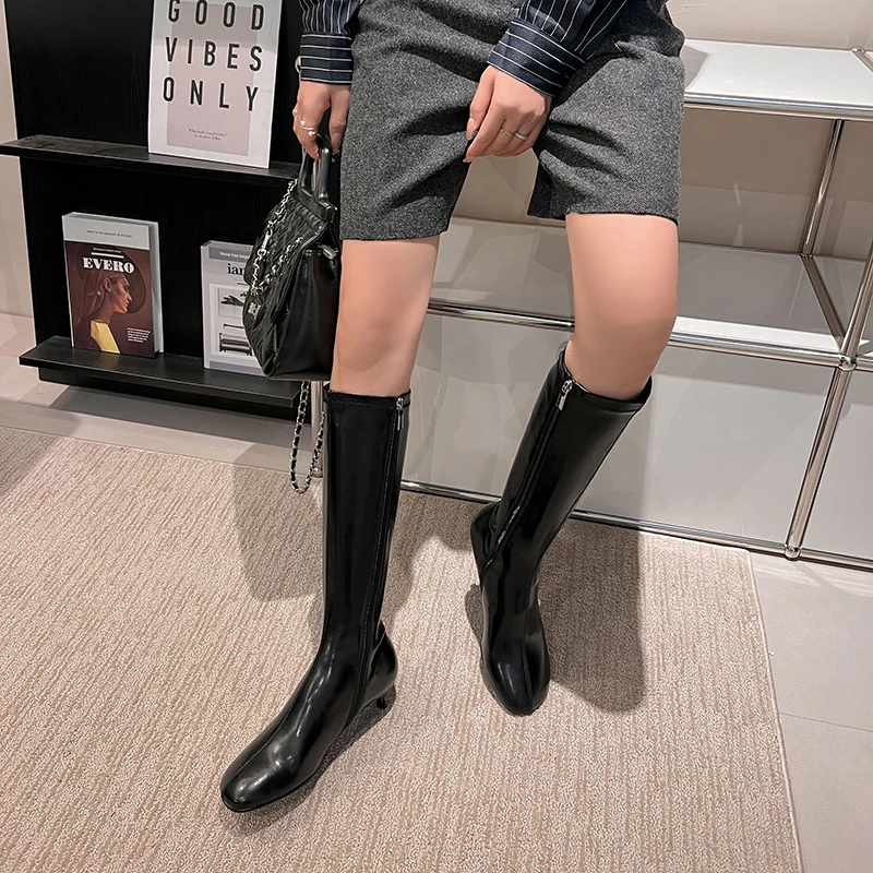 Arden Furtado Autumn Women's Sheepskin Knee High Boots Round Toe Side Zipper Thin Heels Middle Heel Sexy Modern Boots