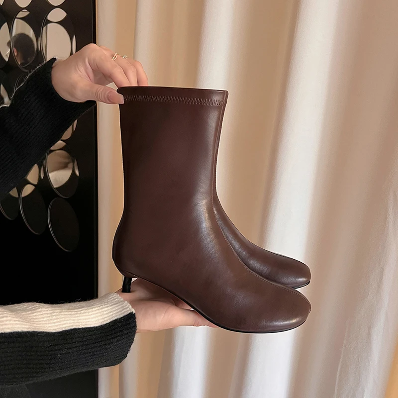 Arden Furtado Autumn Women's Sheepskin Knee High Boots Round Toe Side Zipper Thin Heels Middle Heel Sexy Modern Boots