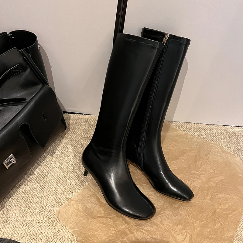 Arden Furtado Autumn Women's Sheepskin Knee High Boots Round Toe Side Zipper Thin Heels Middle Heel Sexy Modern Boots