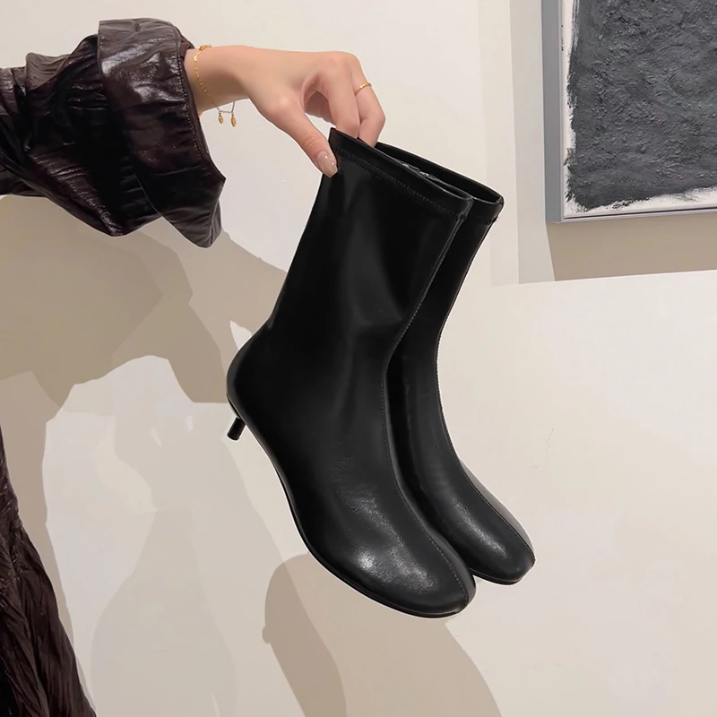 Arden Furtado Autumn Women's Sheepskin Knee High Boots Round Toe Side Zipper Thin Heels Middle Heel Sexy Modern Boots