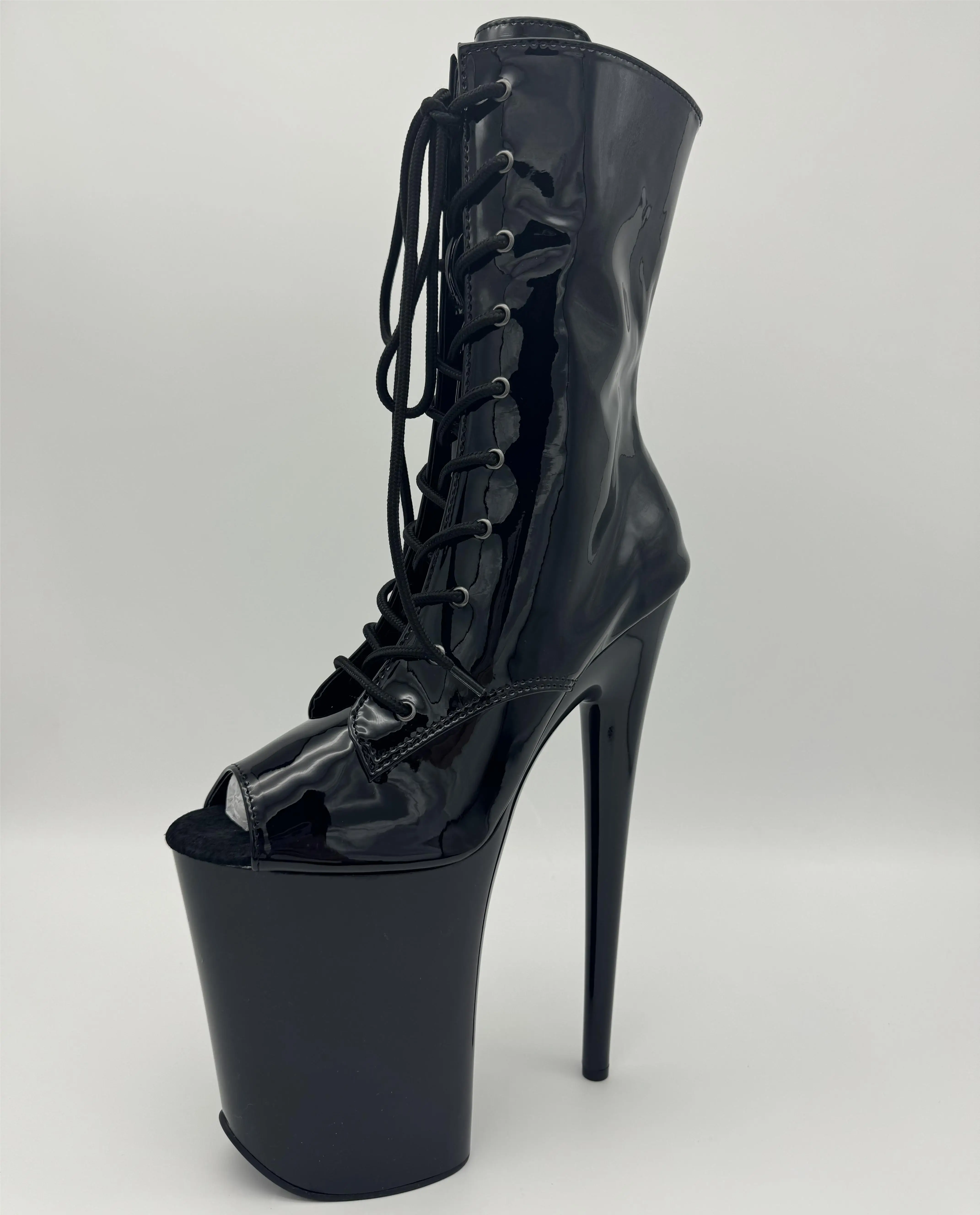 23cm patent leather high heel fish mouth boots, thin heel waterproof platform pole dance performance, model runway shoes