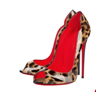 Leopard Print Fish Mouth Patent Leather High Heels for Women Slim Heels with Pointed Toes Shallow Mouth Party Shoes Big Size12cm